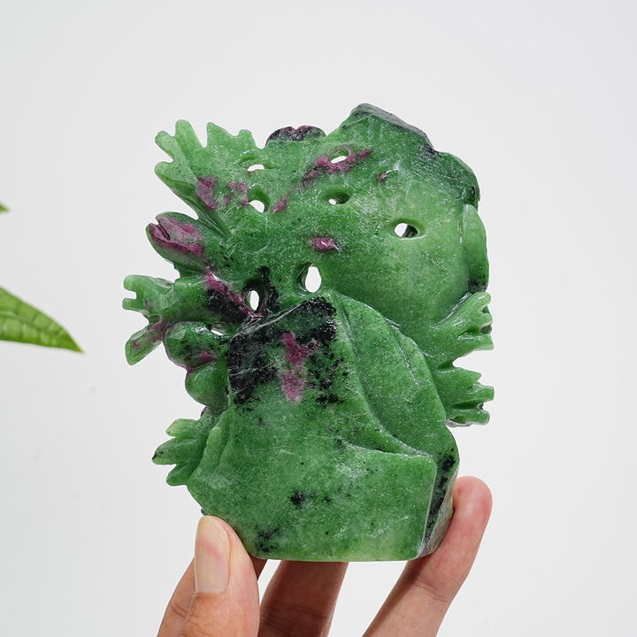 Unique,Natural Crystal Lush Ruby In Zoisite Bird With Blossom Carving