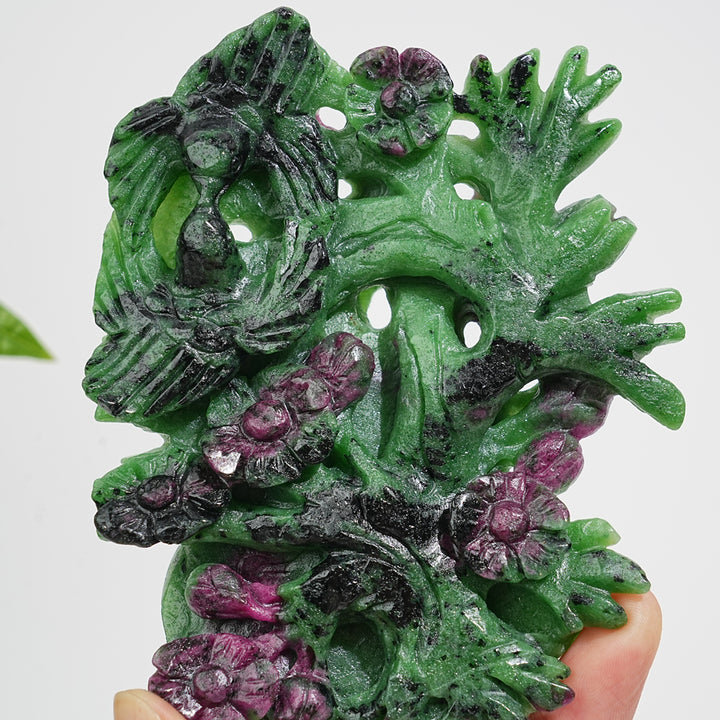 Unique,Natural Crystal Lush Ruby In Zoisite Bird With Blossom Carving