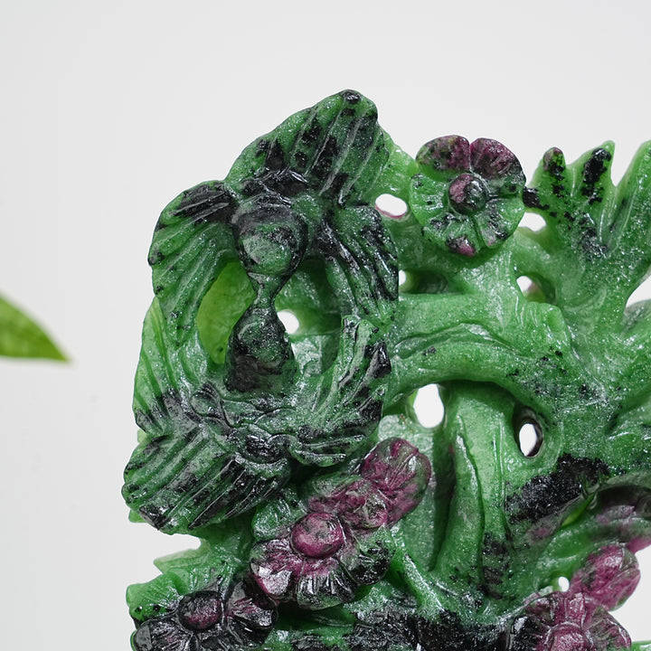 Unique,Natural Crystal Lush Ruby In Zoisite Bird With Blossom Carving