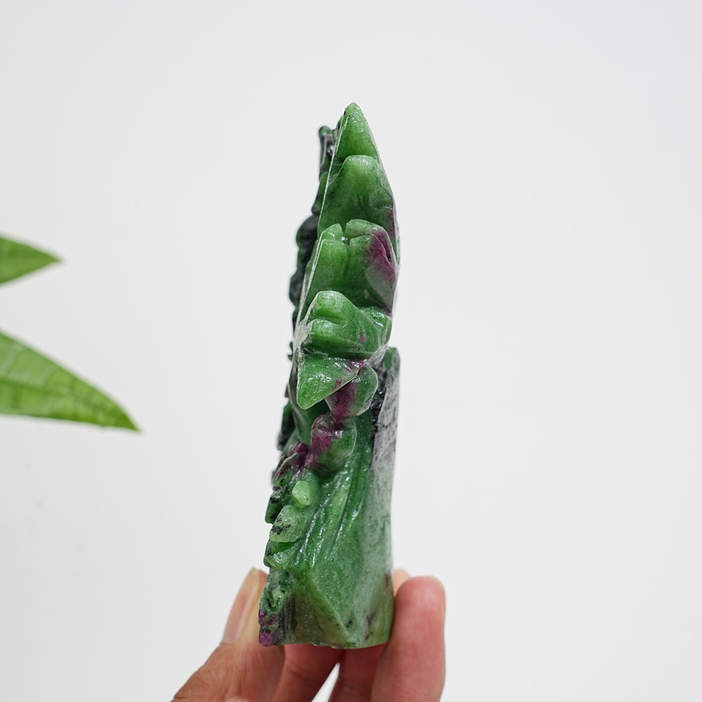 Unique,Natural Crystal Lush Ruby In Zoisite Bird With Blossom Carving