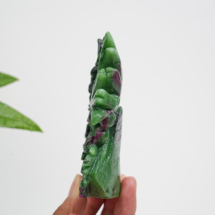 Unique,Natural Crystal Lush Ruby In Zoisite Bird With Blossom Carving