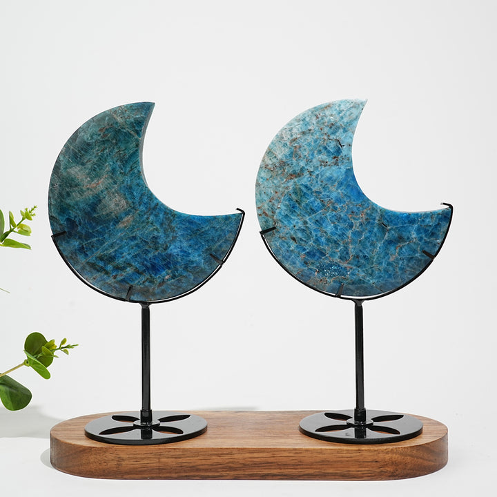 Unique,Natural Crystal Blue Apatite Moon With Stand