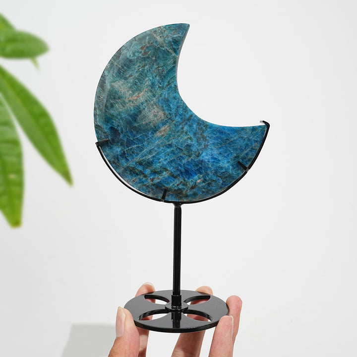 Unique,Natural Crystal Blue Apatite Moon With Stand