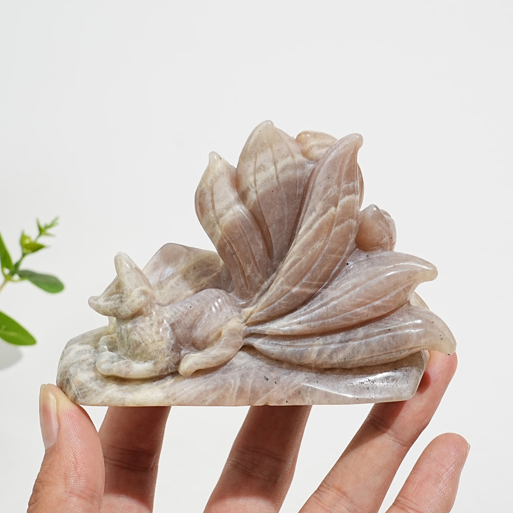 Unique,Natural Crystal Exquisite Moonstone Nine Tailed Fox Carving