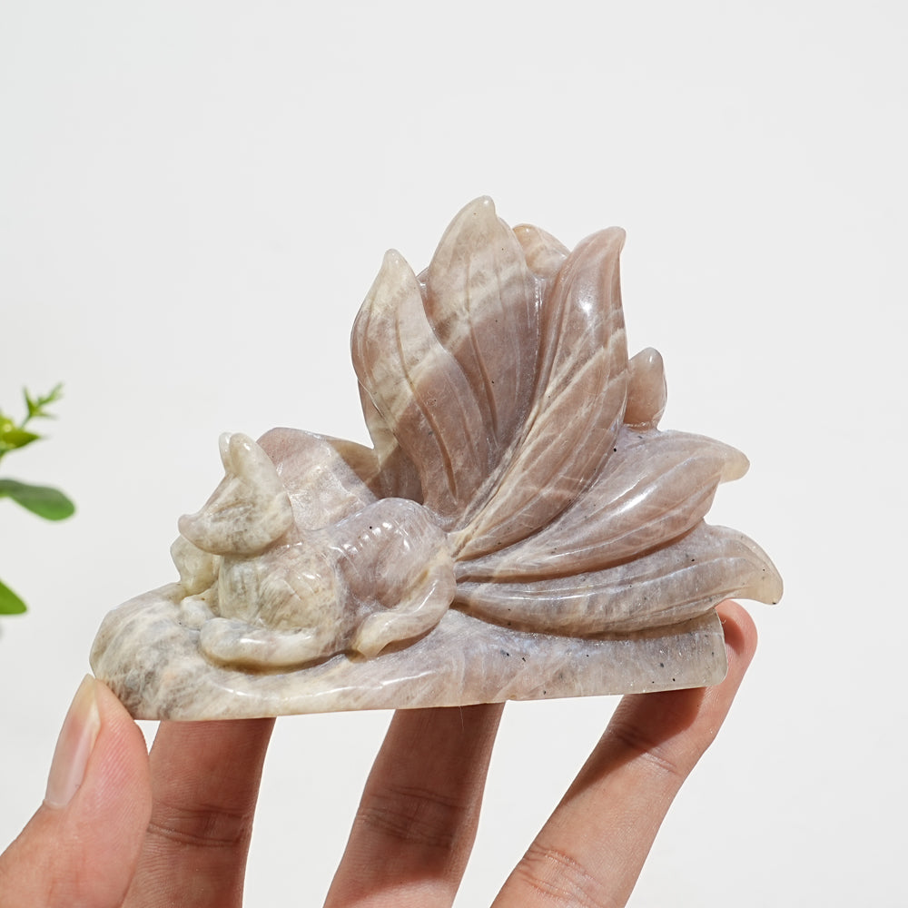 Unique,Natural Crystal Exquisite Moonstone Nine Tailed Fox Carving