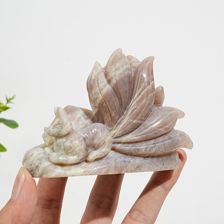 Unique,Natural Crystal Exquisite Moonstone Nine Tailed Fox Carving