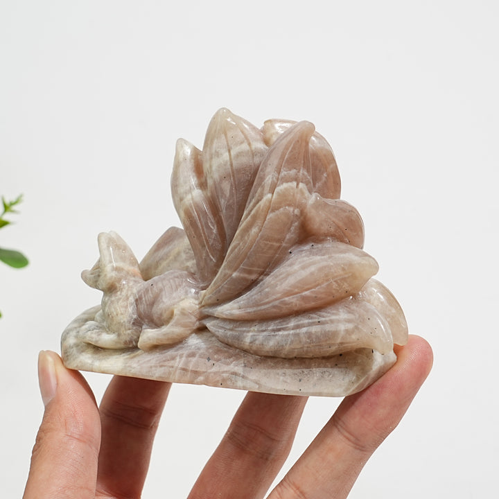 Unique,Natural Crystal Exquisite Moonstone Nine Tailed Fox Carving