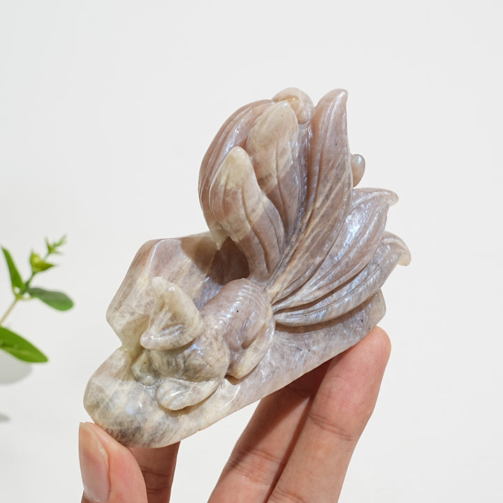 Unique,Natural Crystal Exquisite Moonstone Nine Tailed Fox Carving