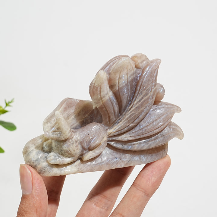 Unique,Natural Crystal Exquisite Moonstone Nine Tailed Fox Carving