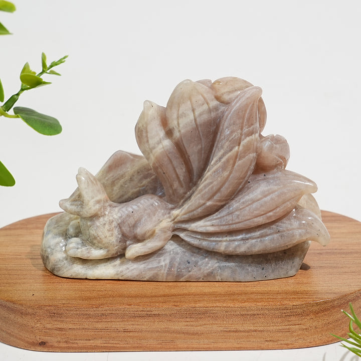 Unique,Natural Crystal Exquisite Moonstone Nine Tailed Fox Carving