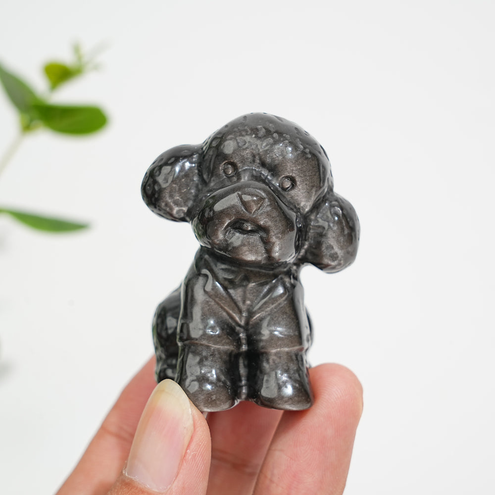 Natural Crystal Silver Obsidian Cute Poodle