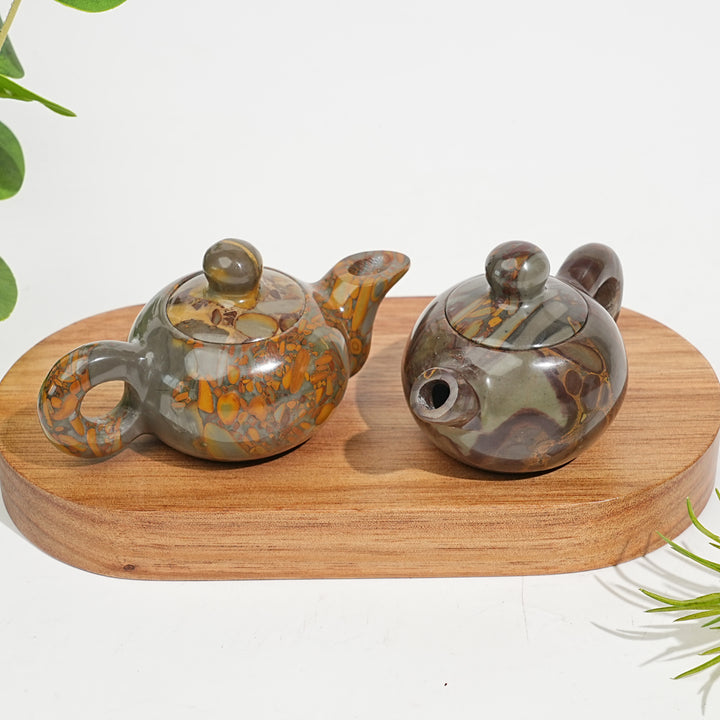 Unique,Natural Crystal Carving Bamboo Leaf Stone Teapot Model