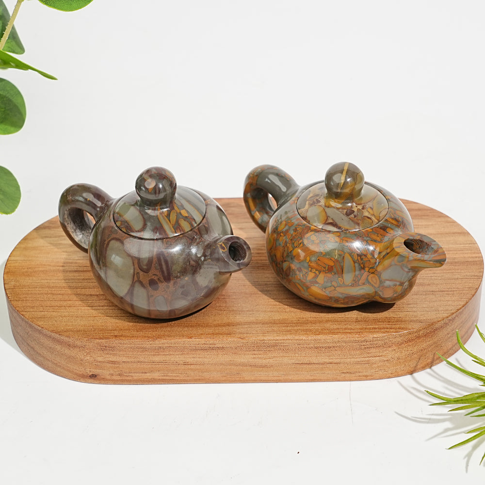 Unique,Natural Crystal Carving Bamboo Leaf Stone Teapot Model