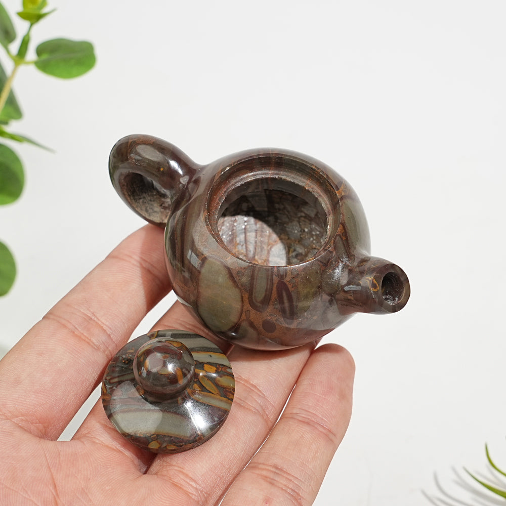 Unique,Natural Crystal Carving Bamboo Leaf Stone Teapot Model