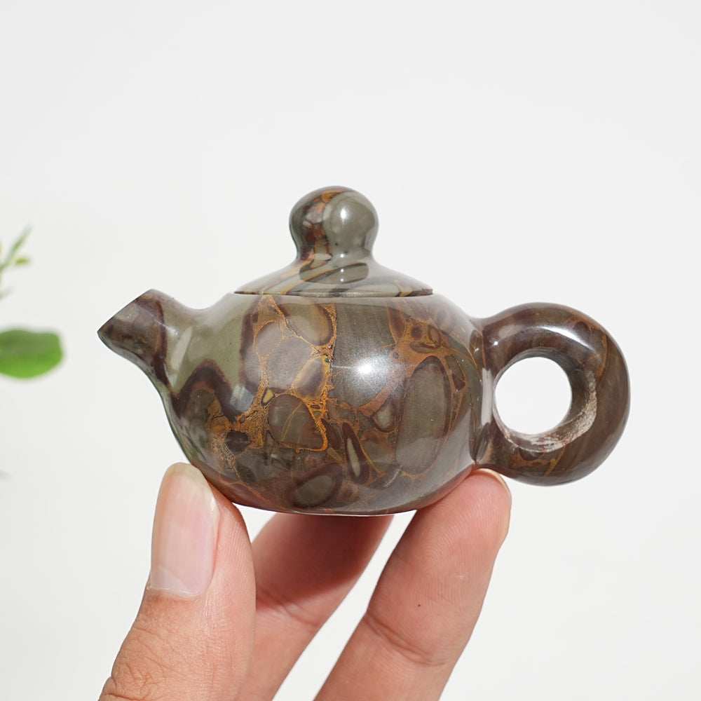 Unique,Natural Crystal Carving Bamboo Leaf Stone Teapot Model