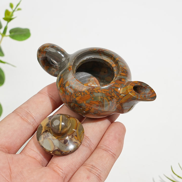 Unique,Natural Crystal Carving Bamboo Leaf Stone Teapot Model