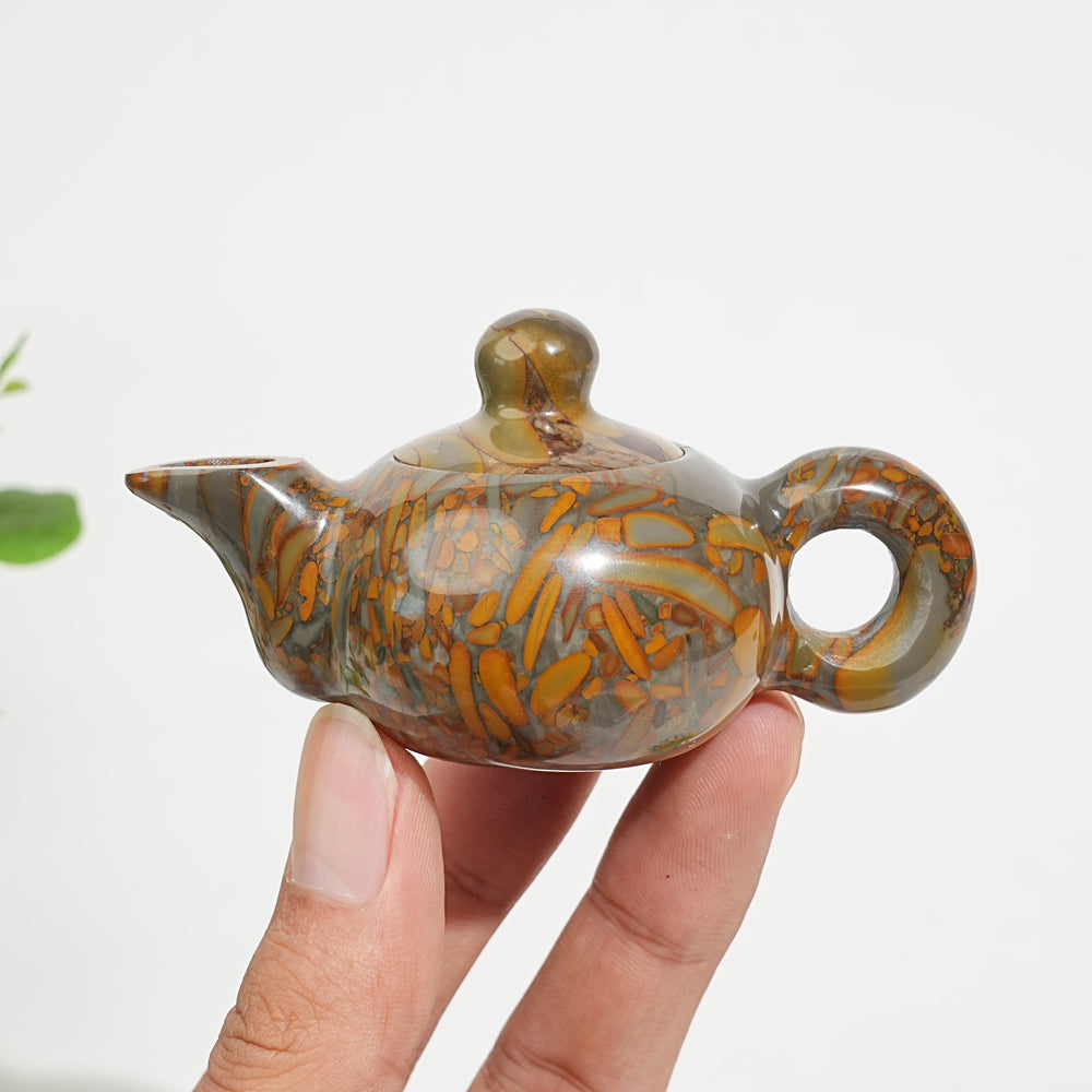 Unique,Natural Crystal Carving Bamboo Leaf Stone Teapot Model