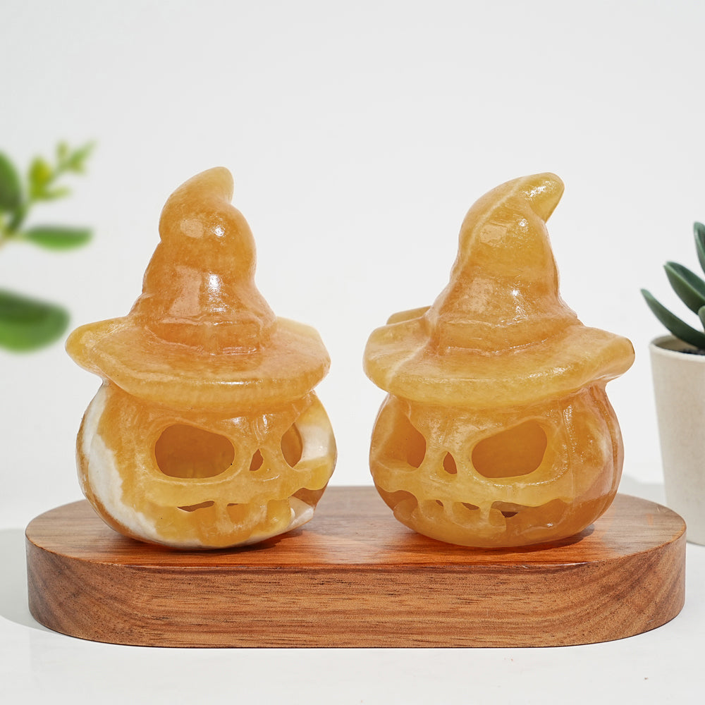 Natural Crystal Carving Yellow Calcite Hollow Out Pumpkin Skull