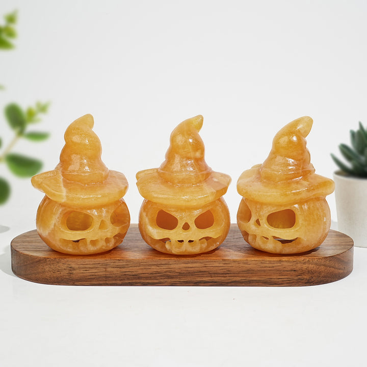 Natural Crystal Carving Yellow Calcite Hollow Out Pumpkin Skull