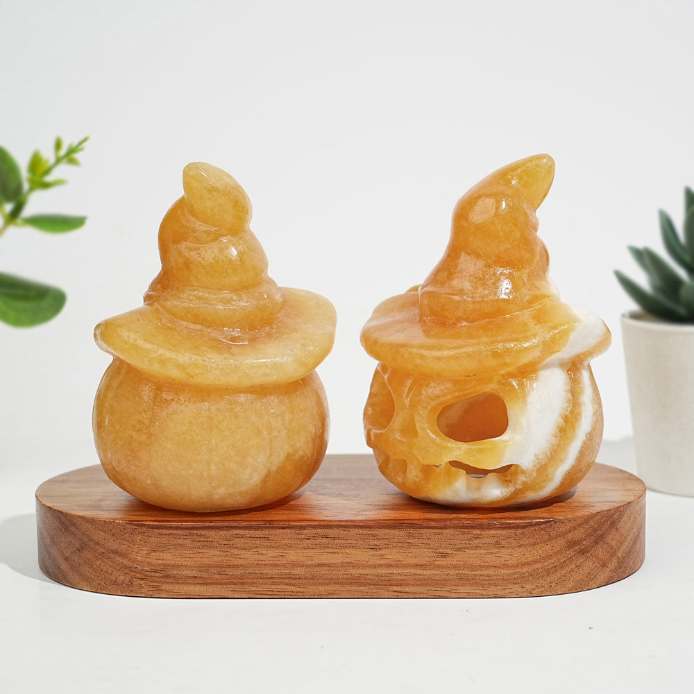 Natural Crystal Carving Yellow Calcite Hollow Out Pumpkin Skull