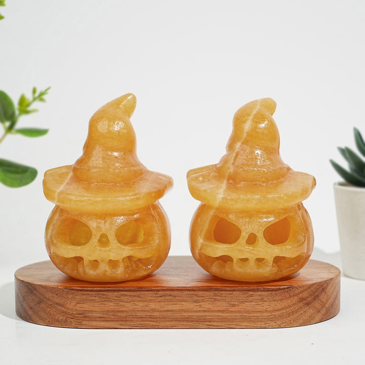 Natural Crystal Carving Yellow Calcite Hollow Out Pumpkin Skull