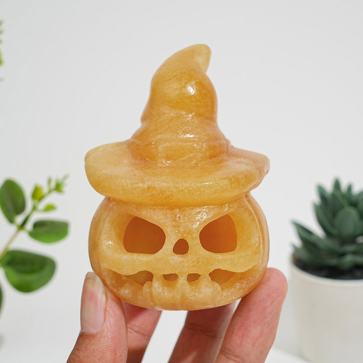 Natural Crystal Carving Yellow Calcite Hollow Out Pumpkin Skull