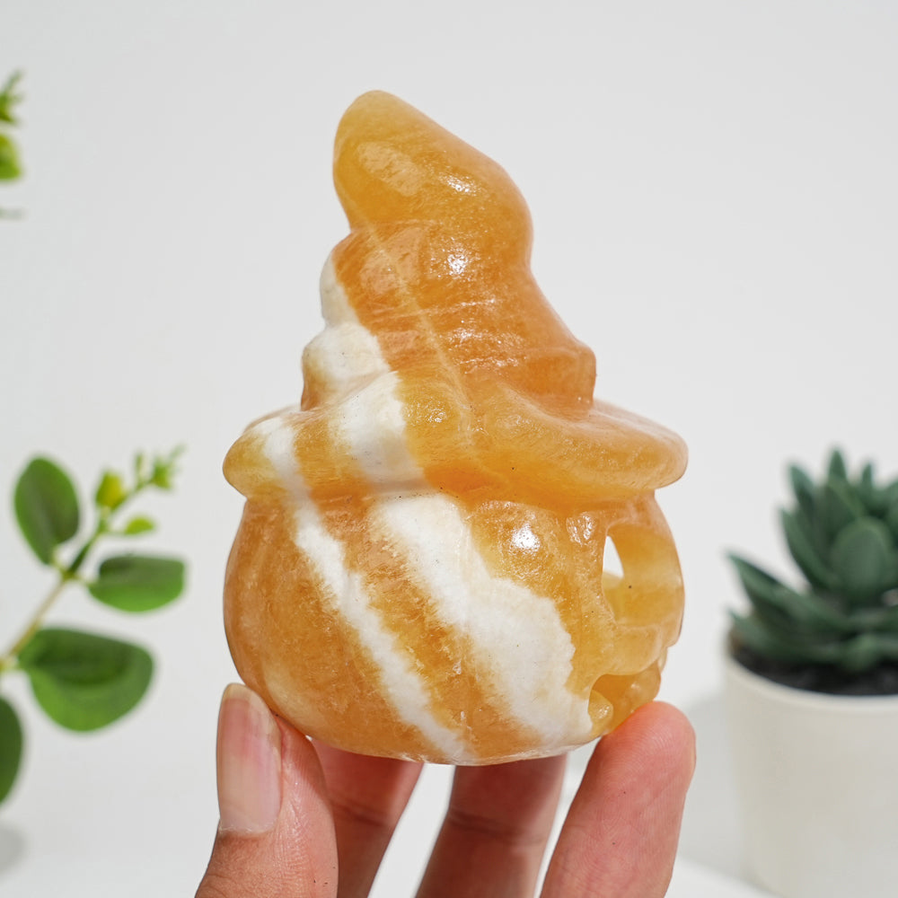Natural Crystal Carving Yellow Calcite Hollow Out Pumpkin Skull