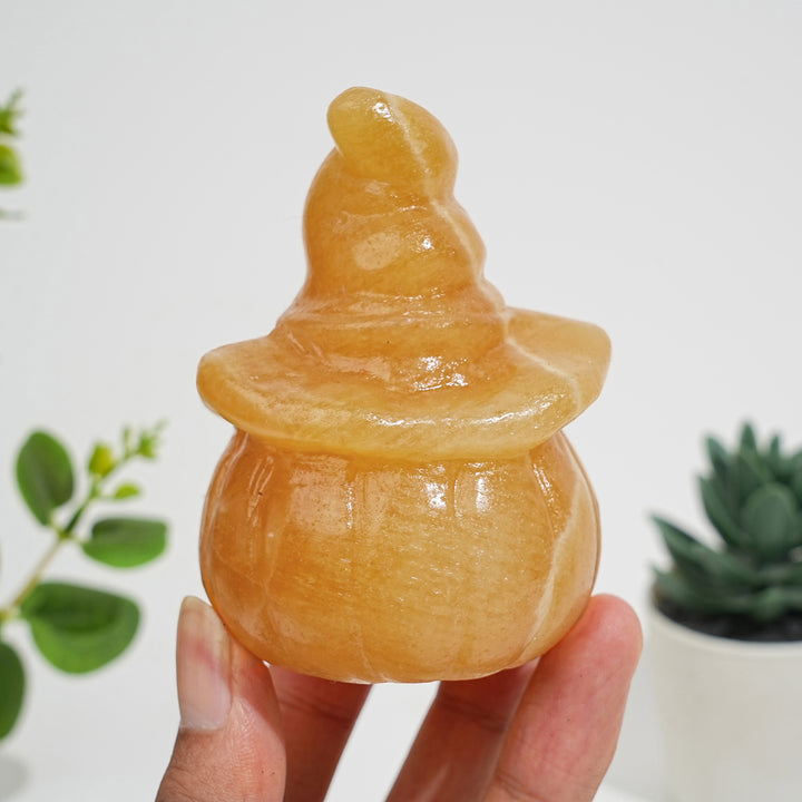 Natural Crystal Carving Yellow Calcite Hollow Out Pumpkin Skull