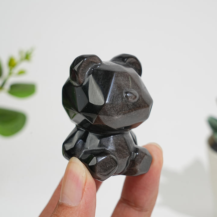Natural Crystal Carving Silver Obsidian Faceted Candy Bear