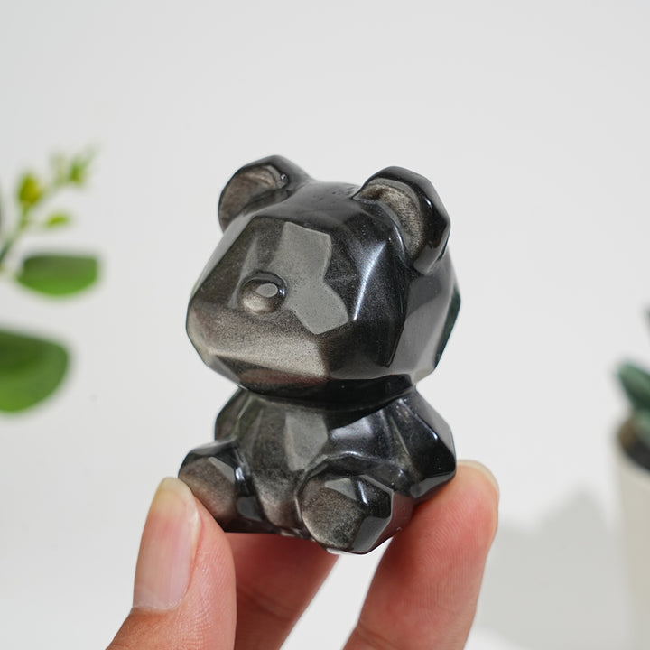 Natural Crystal Carving Silver Obsidian Faceted Candy Bear