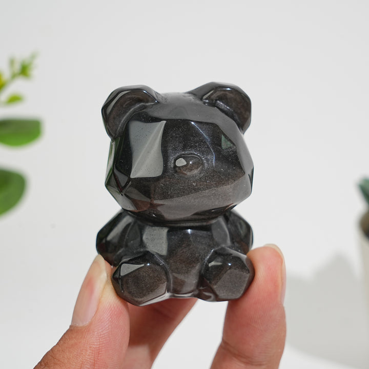Natural Crystal Carving Silver Obsidian Faceted Candy Bear