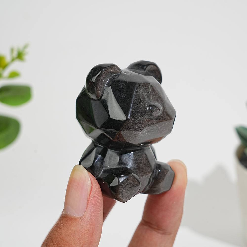 Natural Crystal Carving Silver Obsidian Faceted Candy Bear