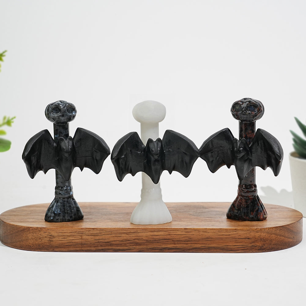 Natural Crystal Gothic Bat On Broom Carving