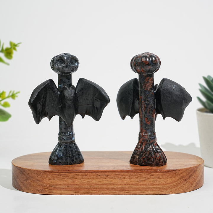 Natural Crystal Gothic Bat On Broom Carving
