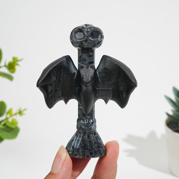Natural Crystal Gothic Bat On Broom Carving