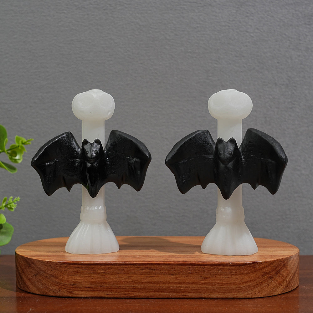 Natural Crystal Gothic Bat On Broom Carving