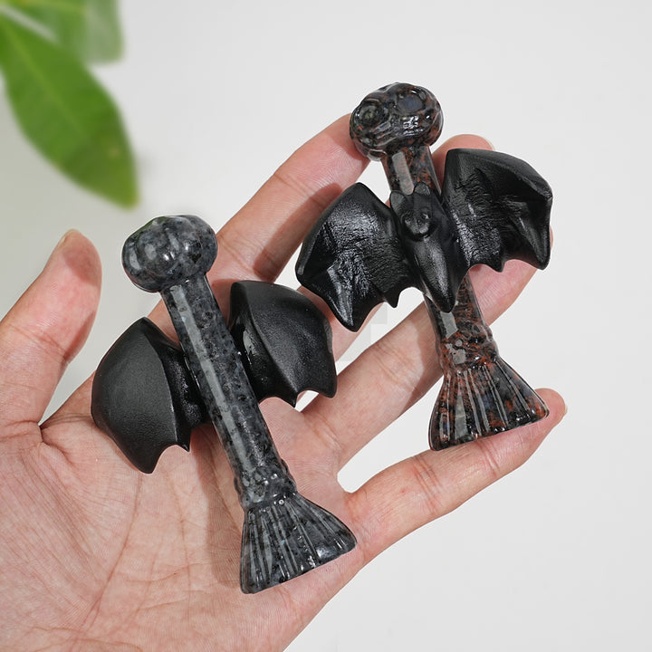 Natural Crystal Gothic Bat On Broom Carving