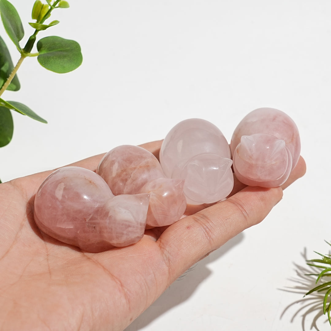 Natural Crystal Carving Rose Quartz Cute Loaf Cat