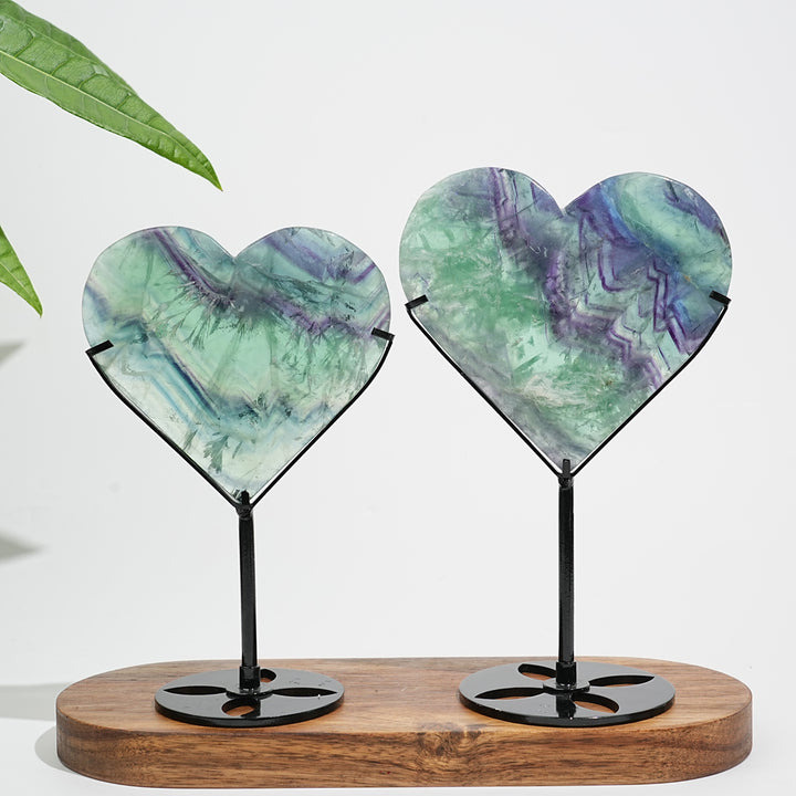 Unique,Natural Crystal Feather Fluorite Heart With Stand