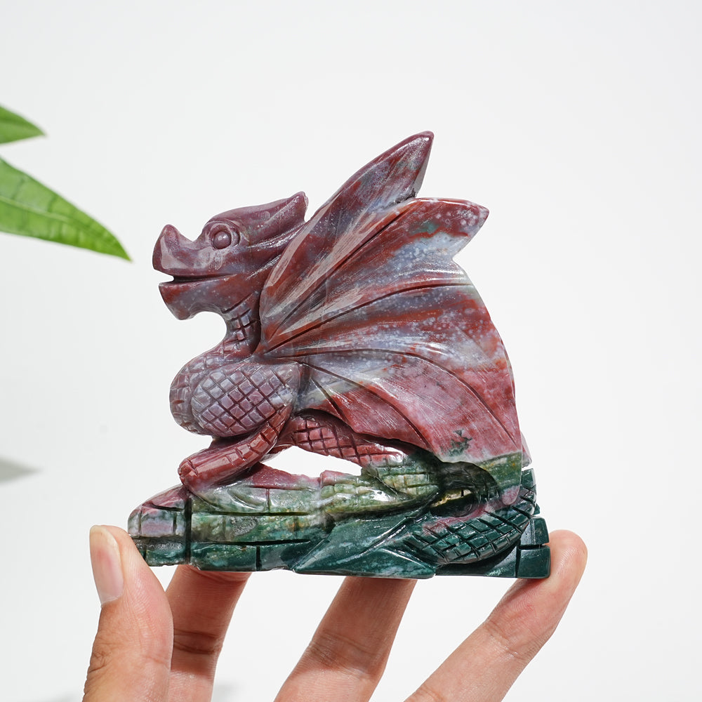 Unique,Natural Crystal Vibrant Ocean Jasper Flying Dragon Carving
