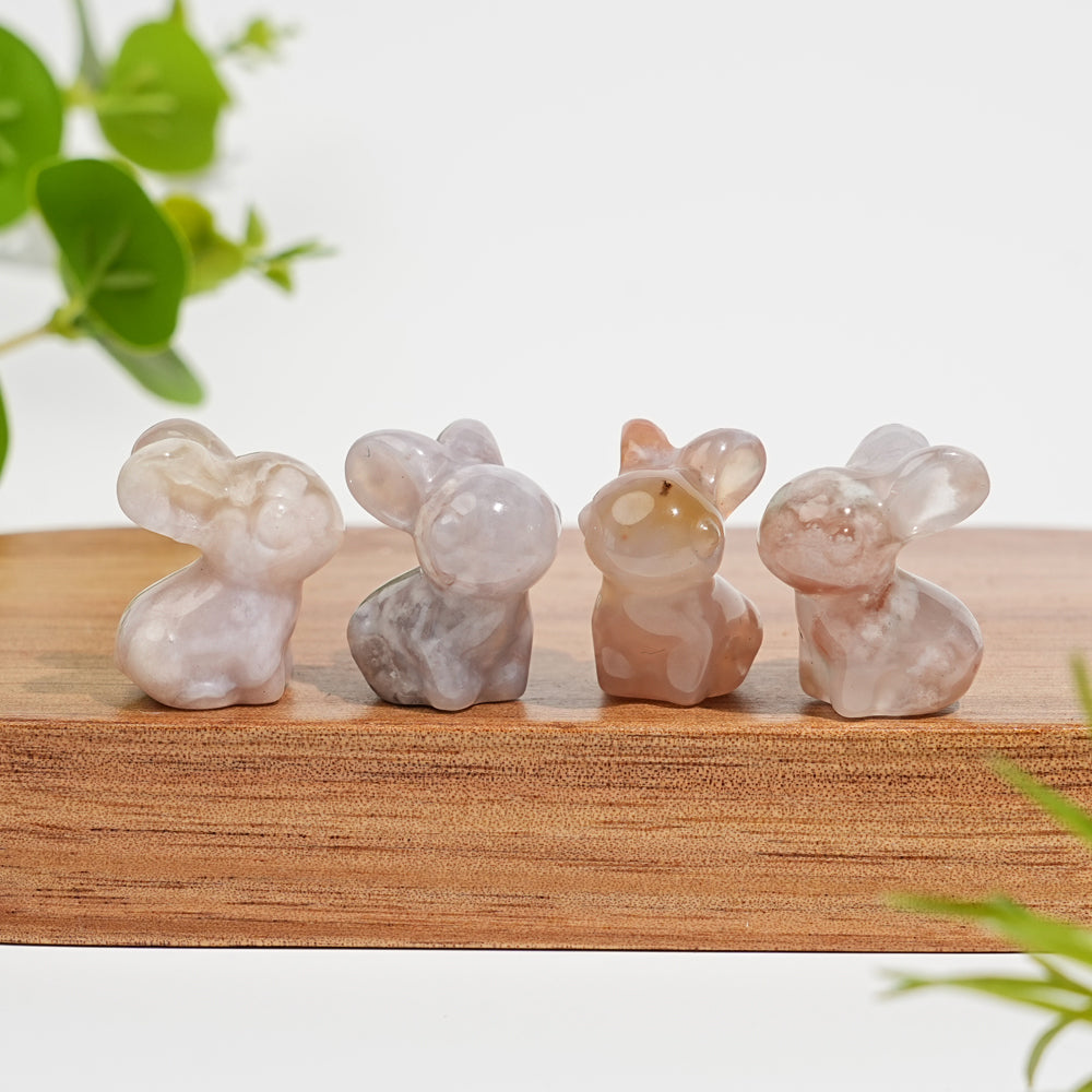 Natural Crystal Cute Flower Agate Rabbit Carving