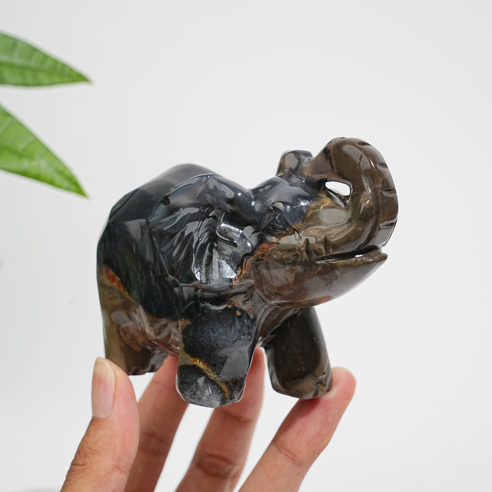 A Slightly Imperfect Natural Volcanic Agate Trunk-Up Elephant Carving