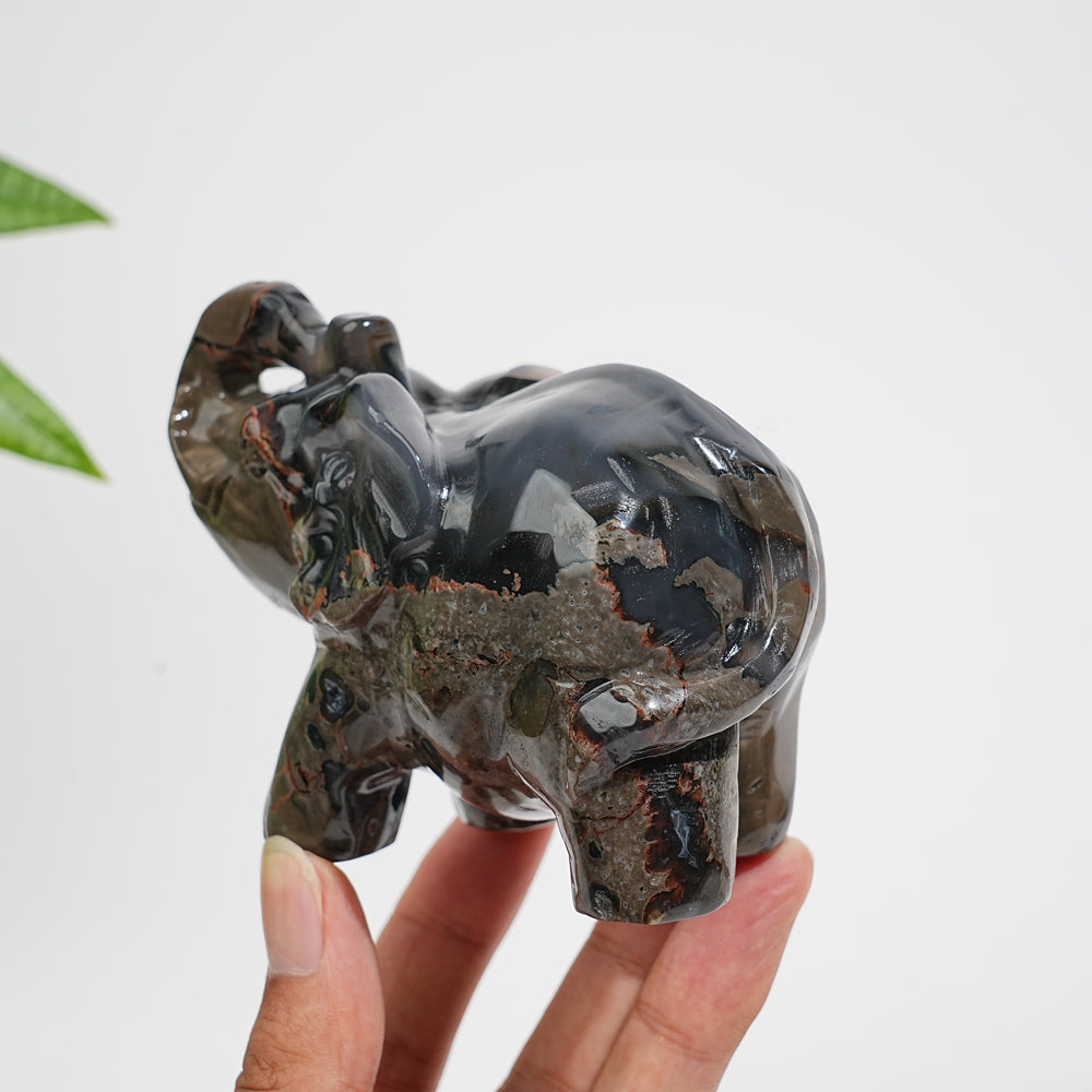 A Slightly Imperfect Natural Volcanic Agate Trunk-Up Elephant Carving