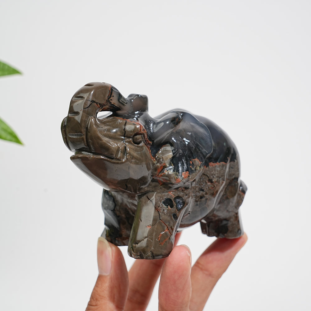 A Slightly Imperfect Natural Volcanic Agate Trunk-Up Elephant Carving