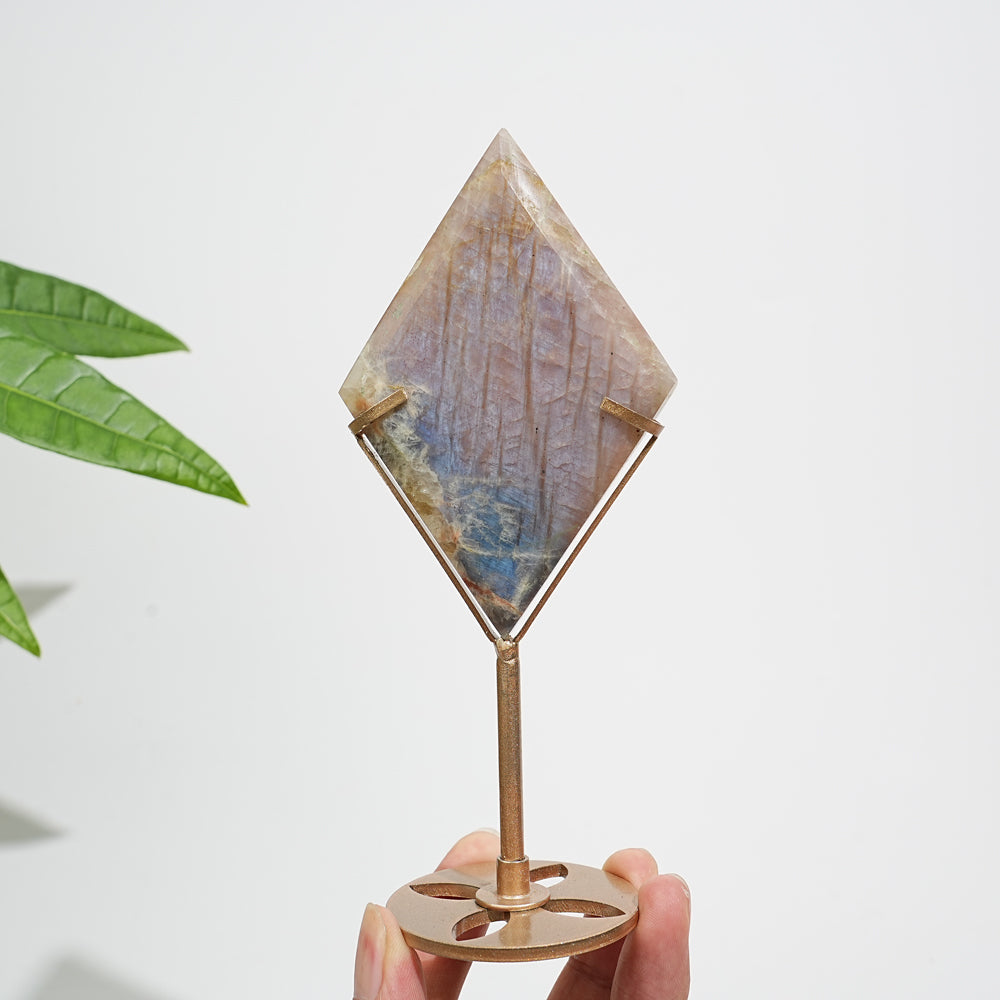 Unique,Natural Sunstone-Moonstone Diamond Slice With Stand