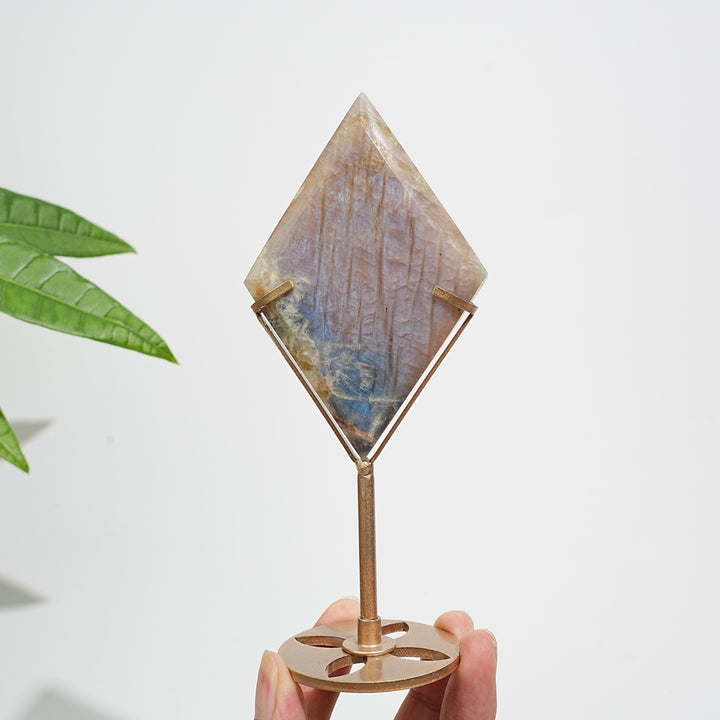 Unique,Natural Sunstone-Moonstone Diamond Slice With Stand