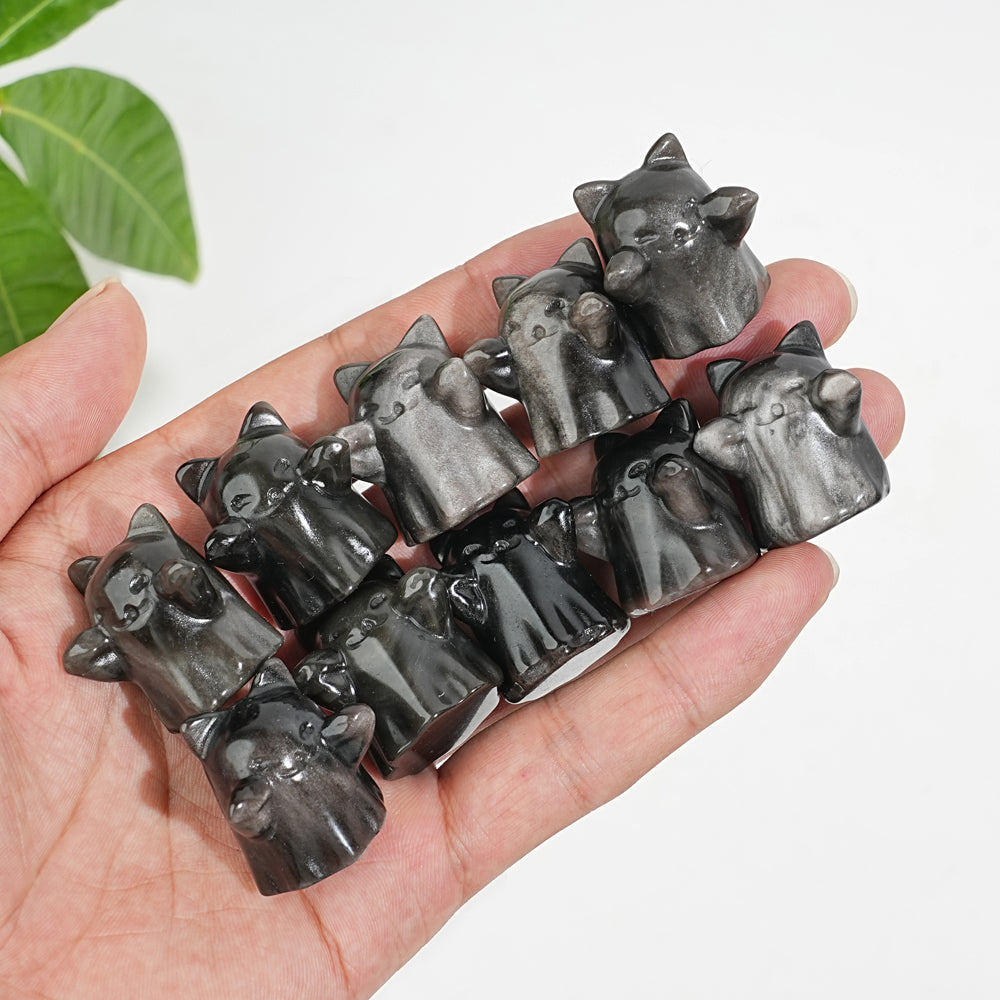 Natural Crystal Cute Carving Silver Obsidian Ghost Cat