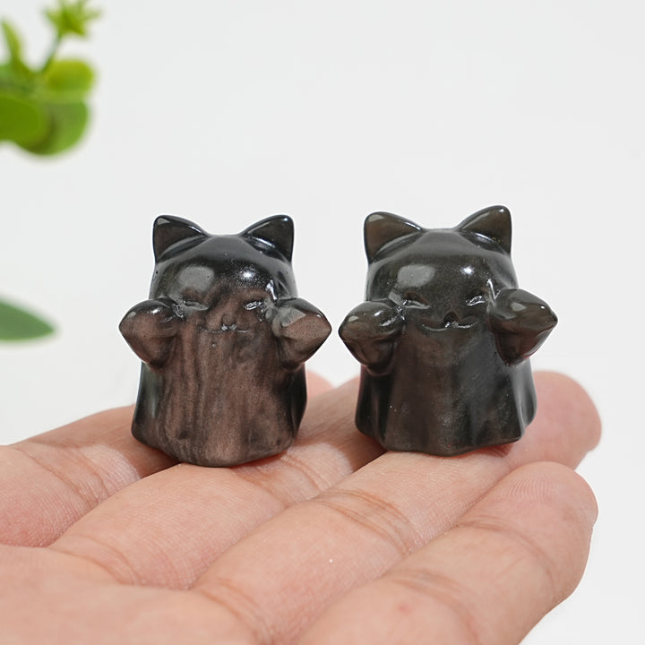 Natural Crystal Cute Carving Silver Obsidian Ghost Cat