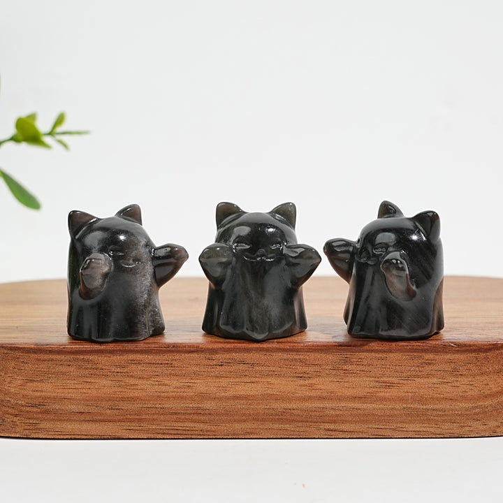 Natural Crystal Cute Carving Silver Obsidian Ghost Cat