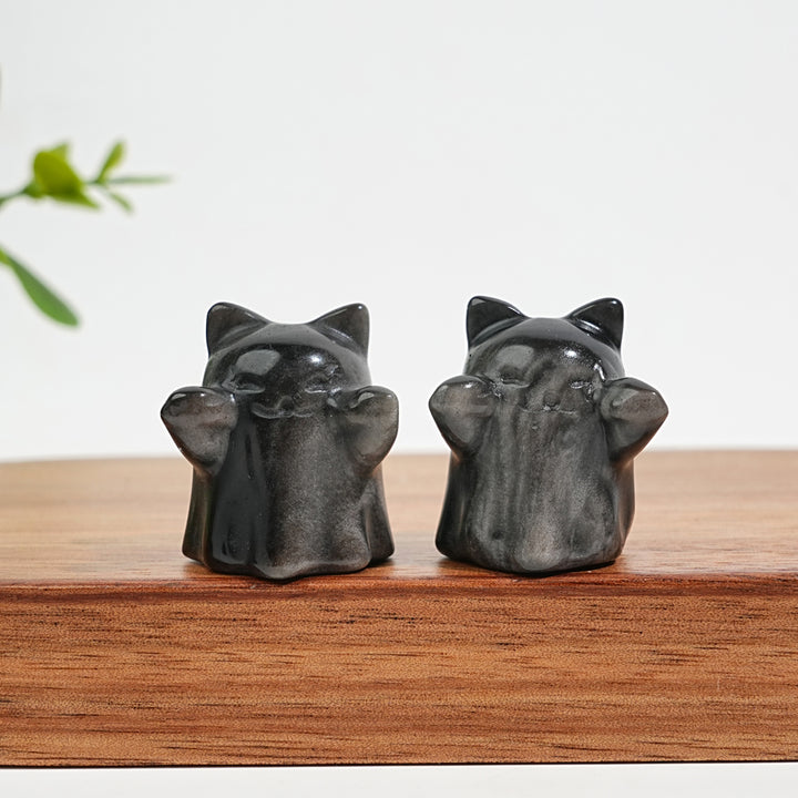 Natural Crystal Cute Carving Silver Obsidian Ghost Cat